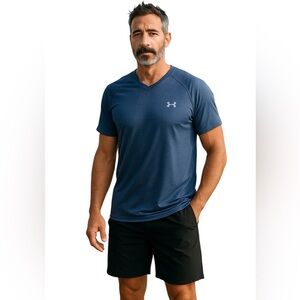 UNDER ARMOUR TECH TEE SHIRT Size L Navy Blue V Neck Short Sleeved Athletic Top